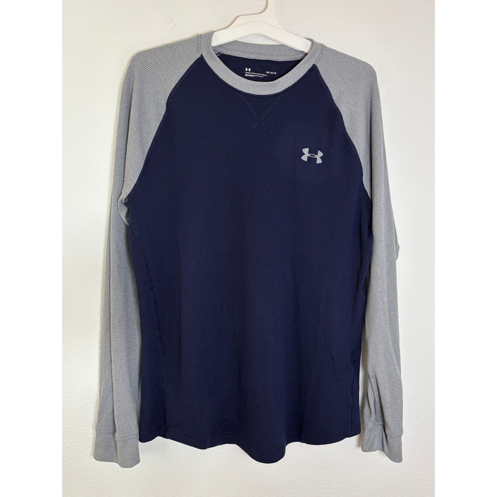 Under Armour Mens Waffle Knit Thermal Shirt Navy Grey Raglan Long Sleeve Large